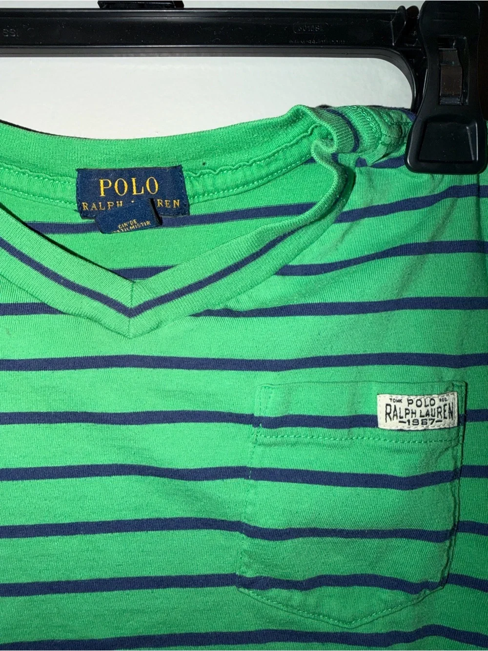 Ralph Lauren Green & Navy Striped V-Neck Pocket Tee - Kids